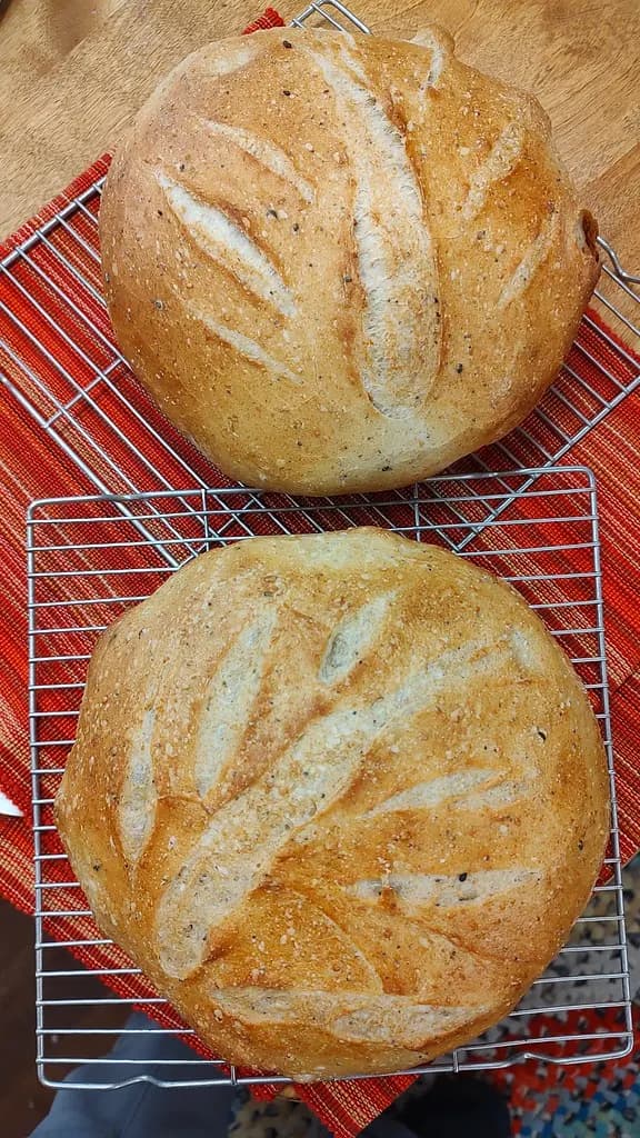 Two golden sourdough loaves cooling on a wire rack next to a red cloth